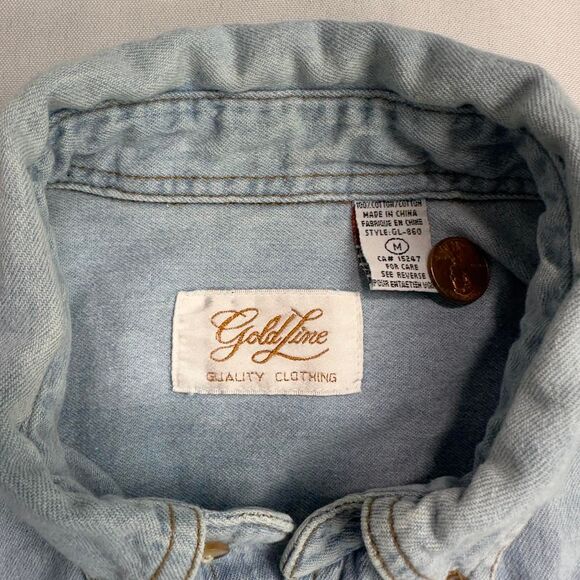 Gold Line Denim Shirt Men’s Medium Light Blue Embroidered 1996 Kamloops - Picture 4 of 6